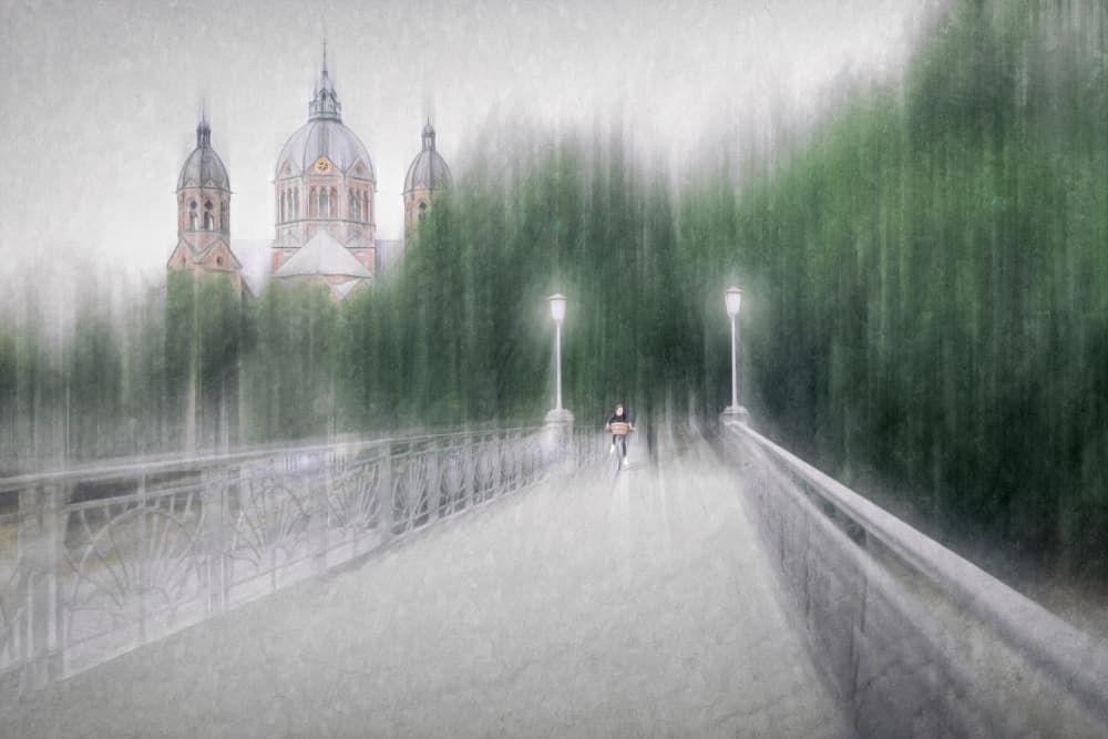 Blurred Rainy City Bridge by Roswitha Schleicher-Schwarz — canvas wall art