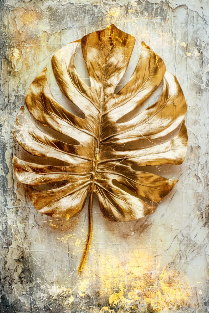 Golden Monstera Leaf by Rafal Kulik — canvas wall art